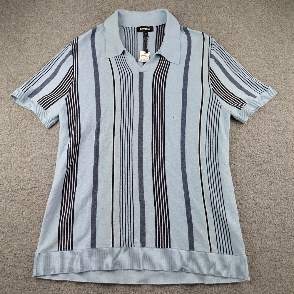 Express Polo Shirt Mens Large Slim Vertical Stripe Blue 100% Cotton Stretch NWT